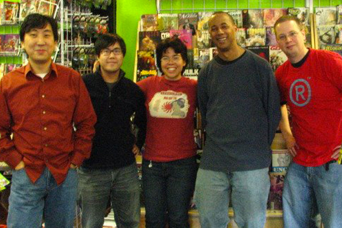 photo of 24 Hour Comic artists at Hub Comics in Somerville MA, 2008