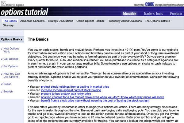 screenshot of CBOE website