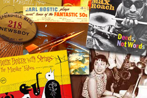 Collage of old records, plus a young Toshiko